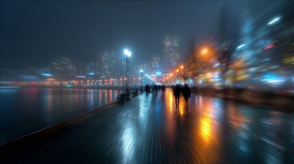 Motion-blurred city night scene with glowing street lights and abstract walking perspective, dynamic urban movement at night with atmospheric lighting and dreamy cityscape composition