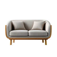 Fototapeta premium Modern gray sofa with wooden frame designed for stylish living spaces and comfort in mind