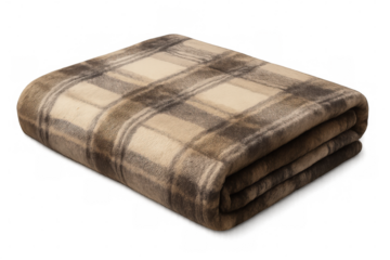 Soft plaid blanket folding gently, draping over furniture, radiating comfort and inviting relaxation in home interior space