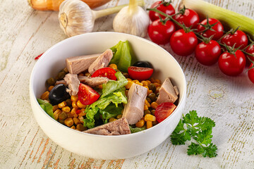 Dietary salad with canned tuna and corn