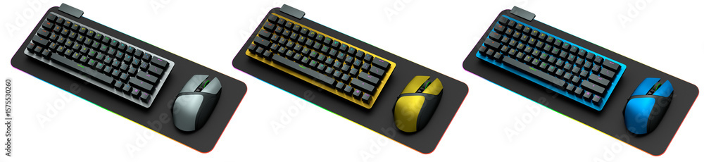 Poster collection of mechanical keyboards and mouse isolated on white background with clipping path. 3d ren