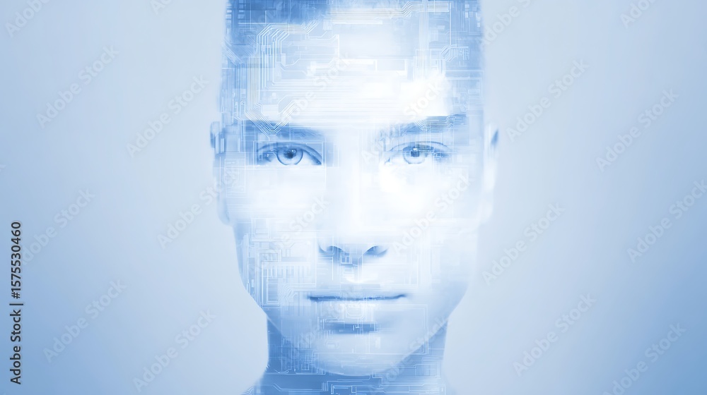Poster close-up portrait of a person with overlaid circuit lines.