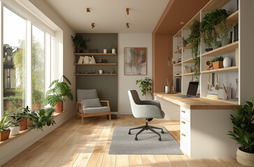 A home office with a grey desk, white walls, and light 