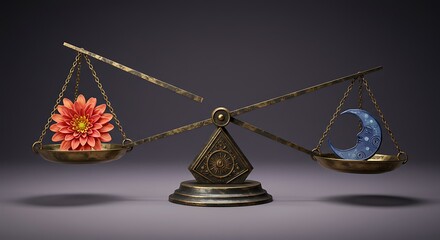 An antique brass balance scale holds a vibrant orange flower on one side and a stylized blue crescent moon on the other, symbolizing equilibrium.
