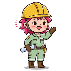 Cartoon illustration of a cheerful female engineer with pink hair in a safety helmet and uniform, waving hello while holding blueprints, isolated on white.