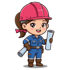 A cheerful female cartoon engineer confidently holds blueprints, showcasing a positive and successful image of women in STEM fields, ideal for educational or corporate projects.