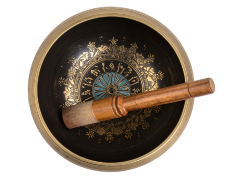 Tibetan Singing Bowl with Wooden Mallet and Engraved Design, Top View, Isolated on Transparent Background - Powered by Adobe