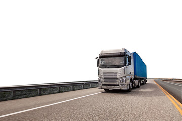 A large semi truck is driving down a highway. PNG on transparent background