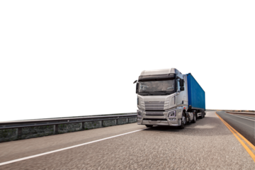 A large semi truck is driving down a highway. PNG on transparent background