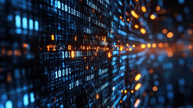 Digital encryption code matrix background with security algorithm, glowing numbers, and cyber protection theme