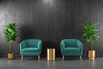 Modern Teal Velvet Armchairs Gold Accent Table Dark Wall Greenery Minimalist Interior Design
