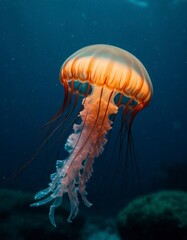 Bioluminescent Jellyfish Floating in Deep Sea