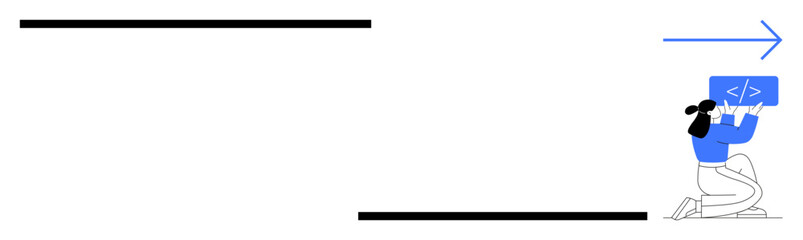 Woman holding a code window while kneeling, paired with directional arrow. Ideal for technology, coding, web development, progress, digital innovation, learning, and simple landing page