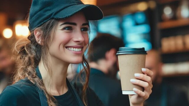 Coffee Shop Delight: A young barista, adorned in a stylish cap, radiates a warm smile while holding a takeaway coffee cup within a cozy cafe environment.