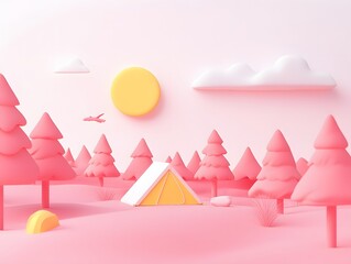 Obraz premium Pink Cartoon Camping Scene, Tent in Pastel Forest