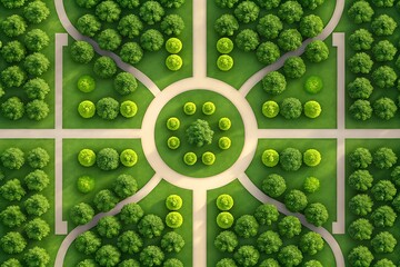 Aerial View: Serene Green Park, Geometrically Designed Landscape, Lush Foliage, Tranquil Mood.