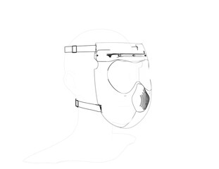 Technical Drawing Wireframe Illustration of Safety Face Shield PPE on Head Form Dummy Display - Simple Monochrome Outline Line Art Diagram for Engineering, Product Design and CAD Software Usage