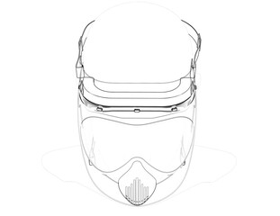 Technical Drawing Wireframe Illustration of Safety Face Shield PPE on Head Form Dummy Display - Simple Monochrome Outline Line Art Diagram for Engineering, Product Design and CAD Software Usage