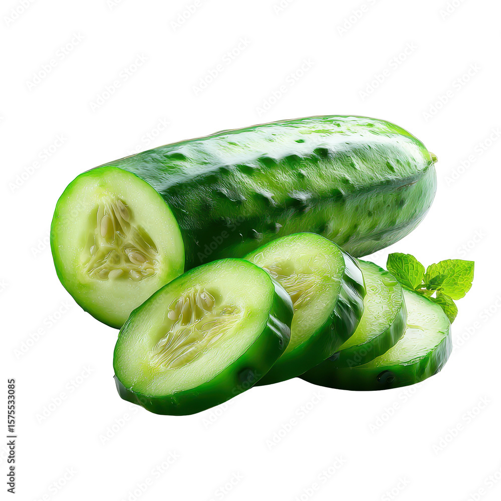 Poster freshly sliced cucumber with vibrant green skin and smooth texture displayed on a clean surface