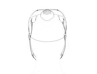 Engineering Wireframe Illustration: Full-Face Respirator Mask and Face Shield Blueprint – Outline Art for Air Filtration, Pandemic Protection, and Advanced Personal Protective Equipment.