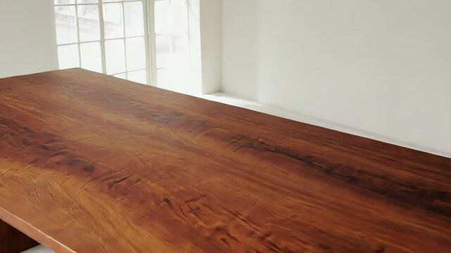 Large empty wooden table illuminating modern interior design