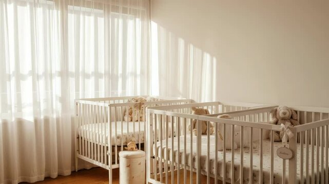 Cozy nursery with two cribs by window
