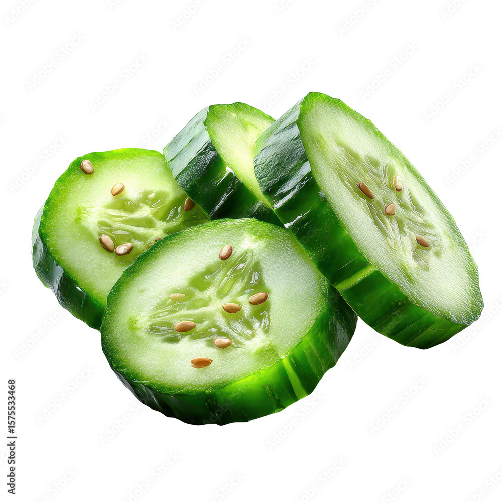 Poster fresh cucumber slices arranged neatly on a white background showcasing vibrant green color and textu