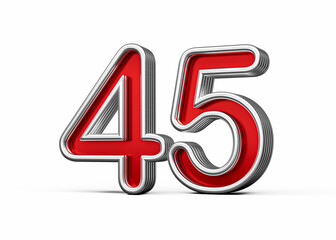Vibrant Red Number Forty five 45 With Metallic Gleam And Beveled Edges, 3D Illustration