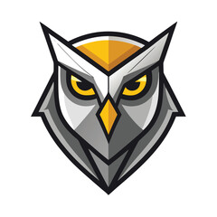 Geometric owl crest presents detailed grayscale plumage with golden eyes on white