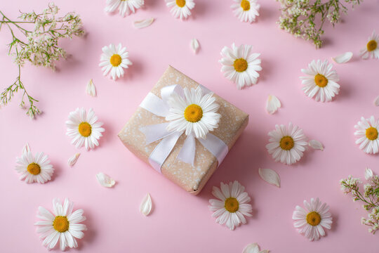 Gift box with white ribbon and Chamomile flowers and pink pastel background, top view, copy space. Mothers Day, Womans Day, Birthday celebration concept - Powered by Adobe
