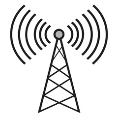 Black and White Radio Tower with Signal Waves Illustration