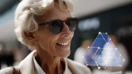 An elderly woman with short, wavy white hair smiles while using her smartphone in an urban environment. The digital interface overlays suggest advanced technology engagement in a bustling area - Powered by Adobe