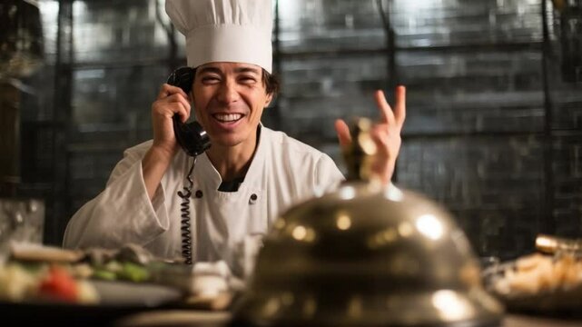 Culinary Communication: A seasoned chef, adorned in a pristine white toque and uniform, engages in a lively telephone conversation. Capturing culinary expertise and kitchen communication