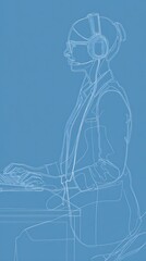 Side view of a person working on a computer with headphones.