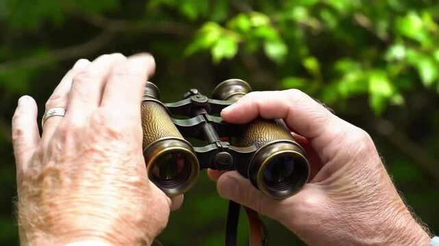 Hands adjusting binoculars to view wildlife