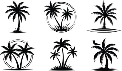 Tropical palm trees and bird silhouette beach