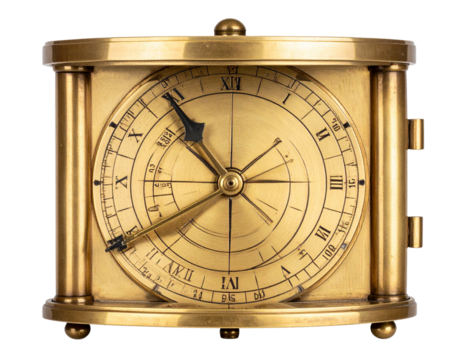 Vintage Brass Pocket Sundial with Engraved Hour Lines and Compass, Front View, Isolated on Transparent Background