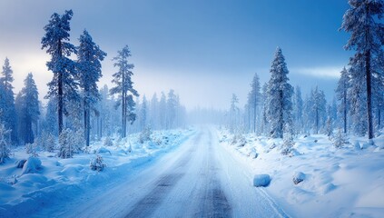 Snowy road through frosted forest