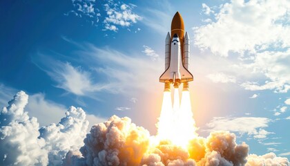 A rocket launch towers above the clouds, showcasing the power of technology and innovation in space exploration.