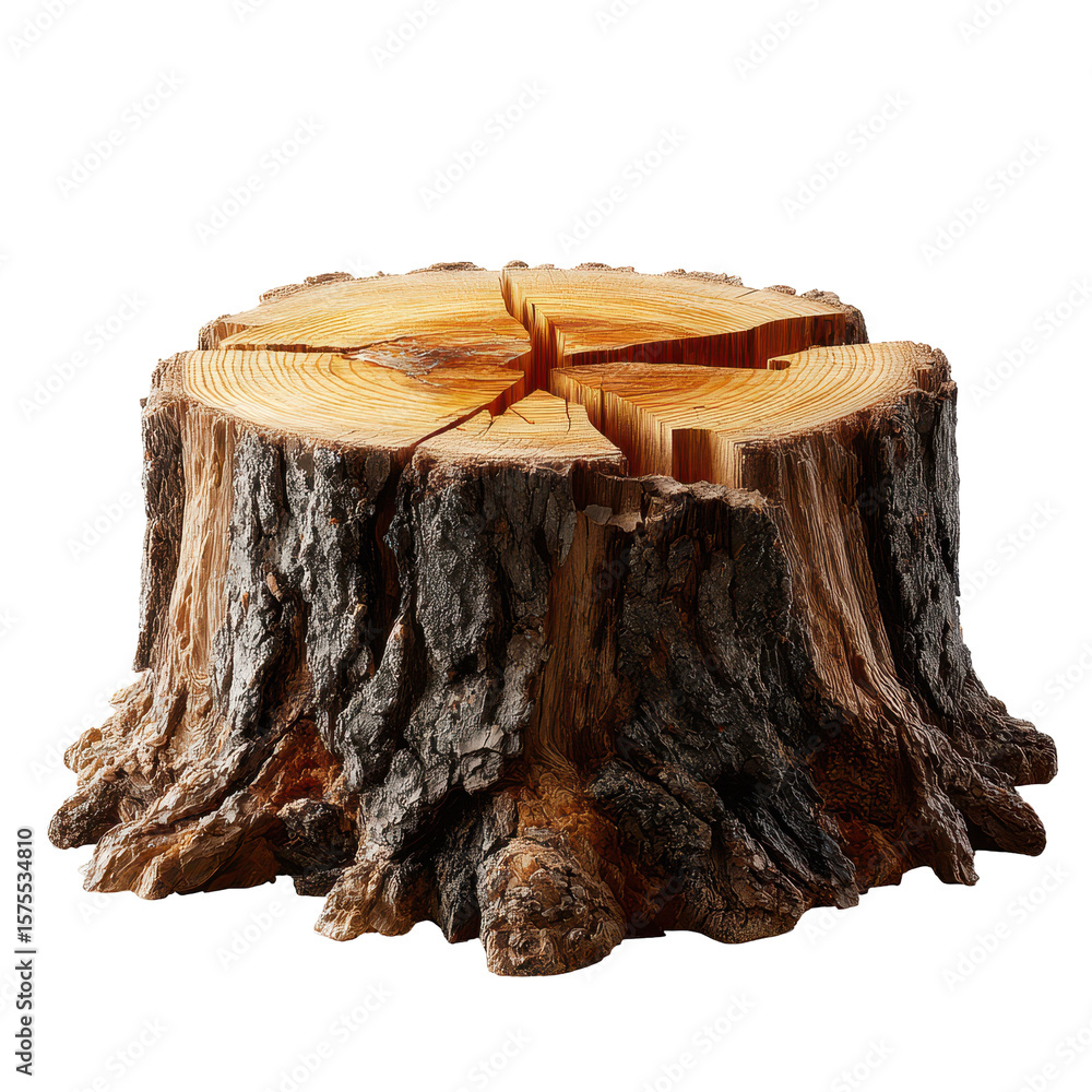 Poster unique tree stump with visible rings and rough texture placed on a clean background