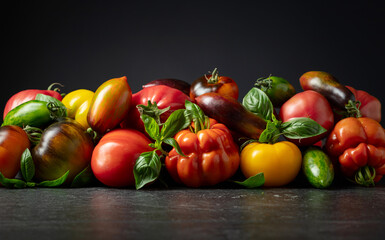 Different varieties of tomatoes and basil leaves.