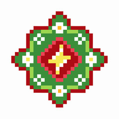 Obraz premium Pixel art geometric mandala pattern with red, green, and yellow colors abstract retro digital symmetry ornament design