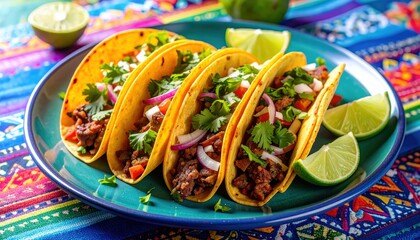 A vibrant plate of delicious tacos garnished with fresh ingredients, ready to be enjoyed in a colorful setting.