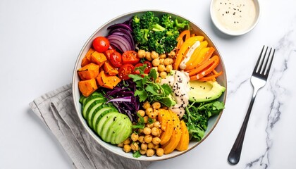 A vibrant salad bowl filled with fresh vegetables, chickpeas, and a creamy dressing, perfect for a healthy meal.