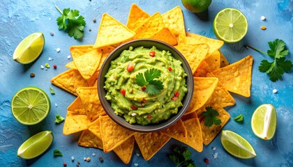A vibrant overhead view of guacamole served in a bowl surrounded by crispy tortilla chips and fresh lime slices.