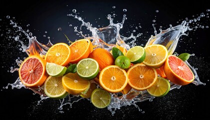 A vibrant splash of mixed citrus fruits, including oranges and limes, set against a dramatic black background.
