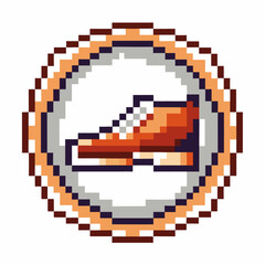 Fototapeta premium Retro pixel art sneaker icon in circular frame vintage gaming shoe badge, 8 bit fashion symbol, nostalgic design