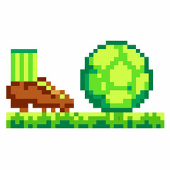 Pixel art soccer shoe and ball on grass, retro digital illustration sports, gameplay, recreation, pixelated design