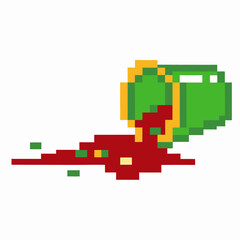 Fototapeta premium Pixel art green mug tipped over, spilling red liquid retro digital style, simple colors, gaming design, nostalgic concept
