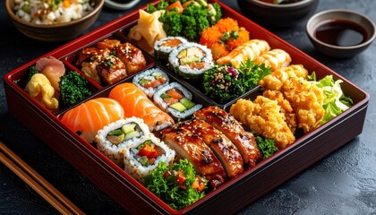 An appetizing sushi platter featuring a variety of sushi rolls, sashimi, and side dishes, perfect for seafood lovers.